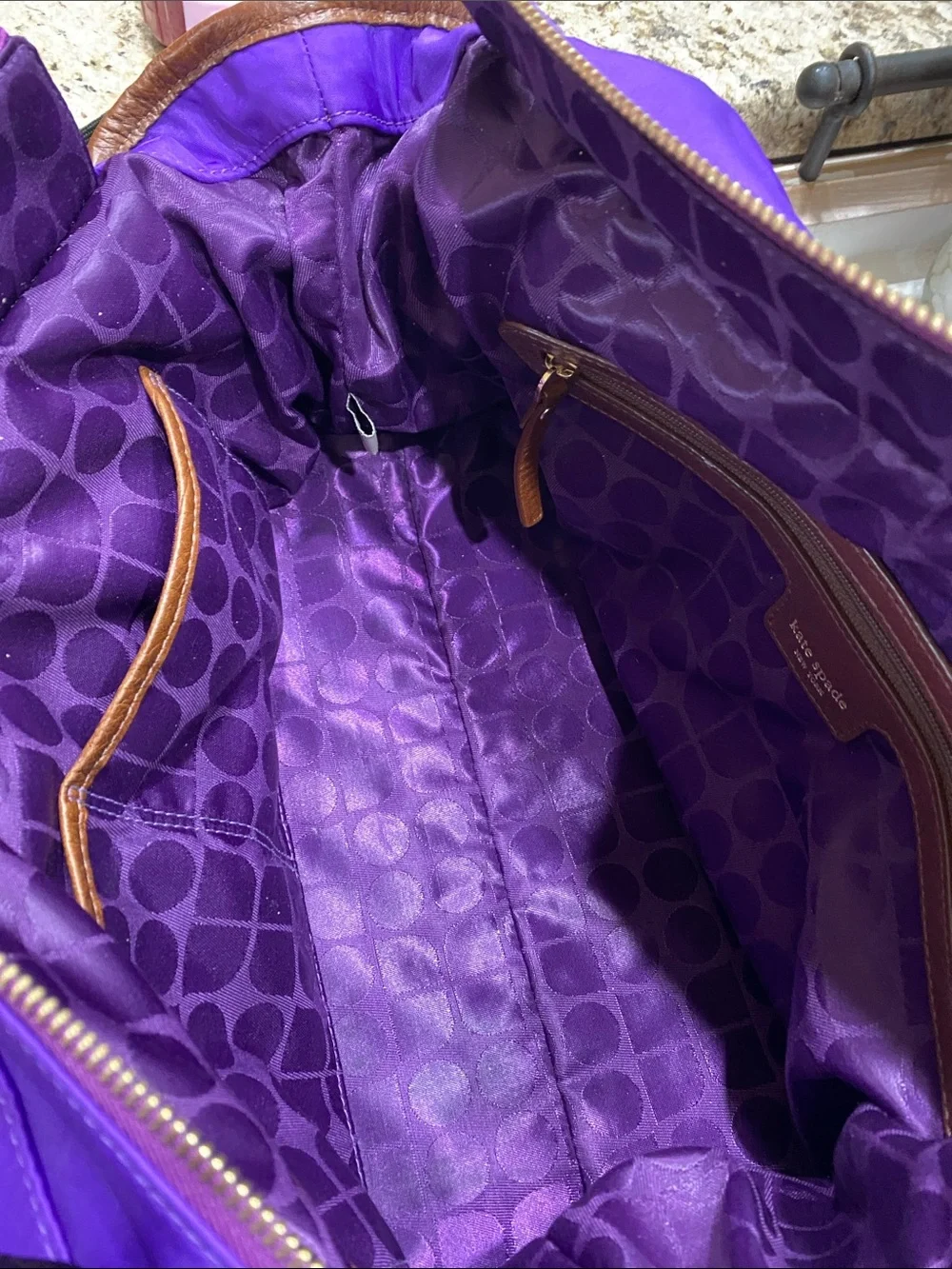 kate spade vibrant purple nylon shoulder bag with brown leather handles